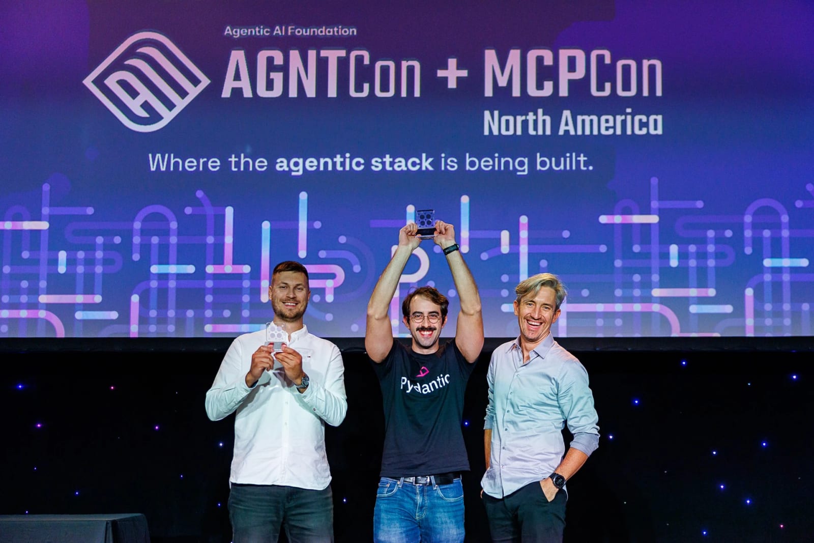 Antoni Kozelski, CEO of Vstorm, accepting the AAIF Open Agentic AI Innovation Award on stage at AGNTCon + MCPCon North America in San Jose