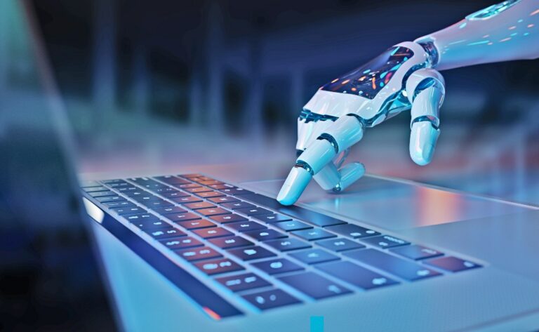 ai integration hand pressing a keyboard on a laptop D rendering