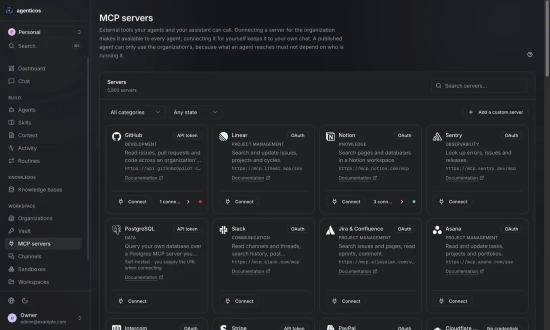 AgenticOS console: MCP servers