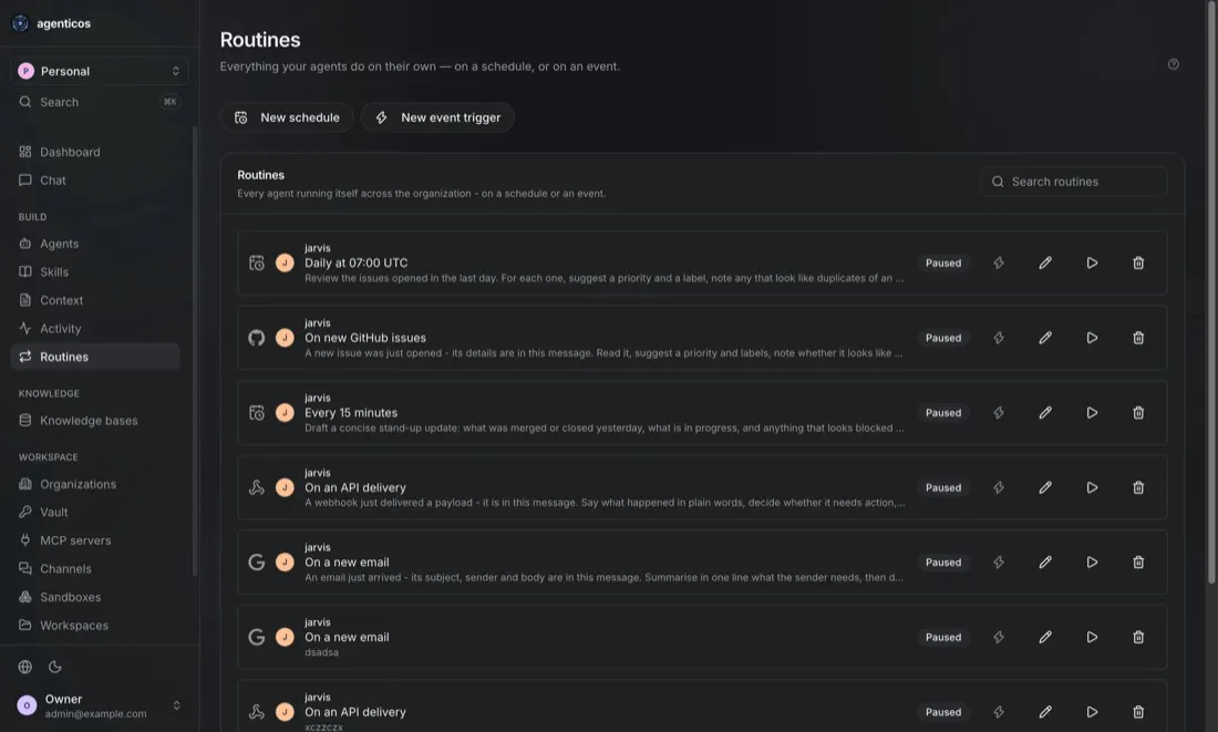 AgenticOS console: Routines